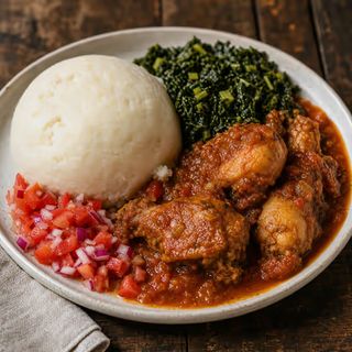 Sadza with chicken stew, covo and tomato relish