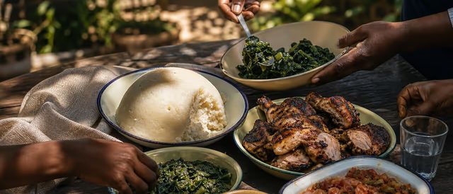 Zimbabwean lunch with sadza, grilled chicken, greens and relish