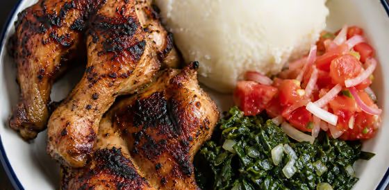 Flame-grilled chicken with sadza, covo and tomato relish