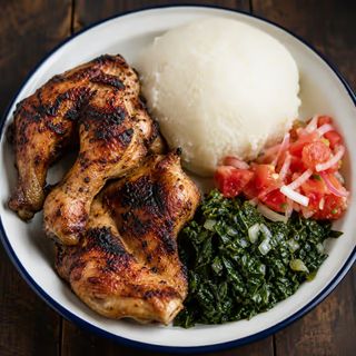 Flame-grilled chicken with sadza, covo and tomato relish